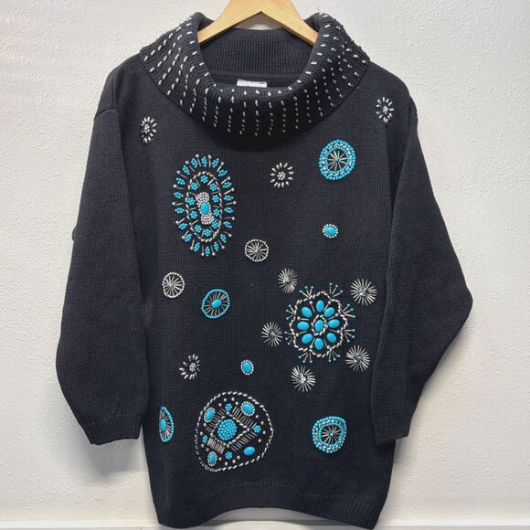 Vtg Studio Collection Turquoise & Silver Embellished Cowl Neck Studded Sweater M - Picture 1 of 7
